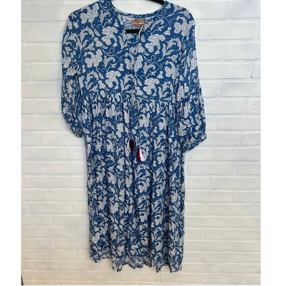Shae by Sassafras Floral Blue White Flowy 3/4 Sleeves Soft Midi Dress -sz L